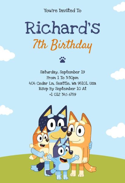 Family-themed Bluey birthday invitation template featuring the full Heeler family
