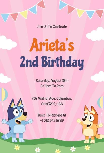 Garden-themed Bluey birthday invitation template with flowers and bunting.