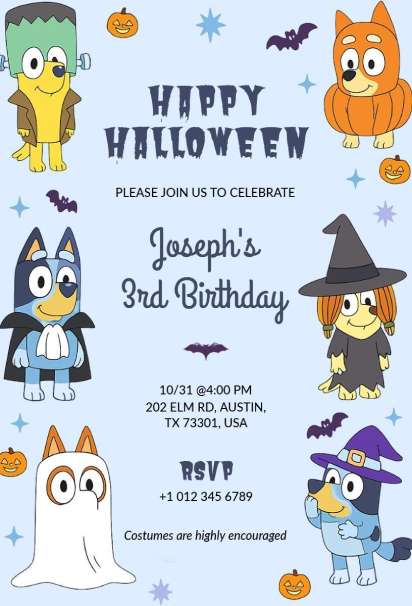 Halloween Bluey birthday invitation template with costumes and spooky decorations