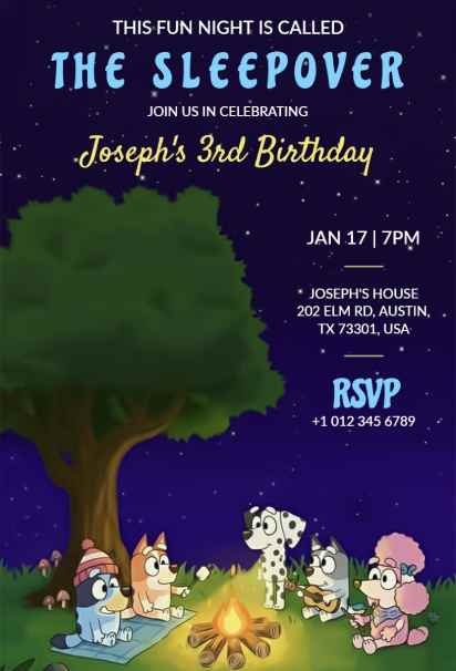 Sleepover Bluey birthday invitation template with starry night and campfire