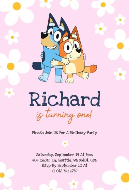 First birthday Bluey birthday invitation template with soft pink background and daisies