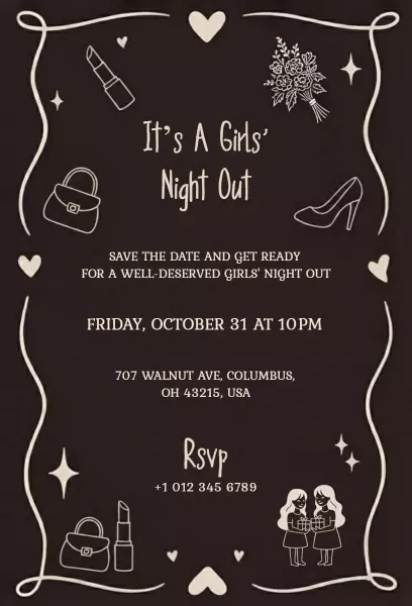 chalkboard doodles of handbags, lipstick, and heels girls night invitation template