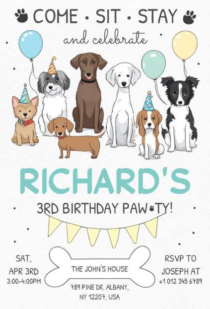 Line-drawn puppies with balloons for a fun, festive dog birthday invitation template
