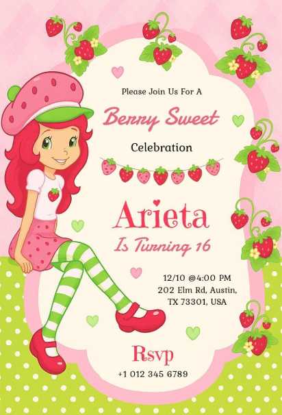 strawberry birthday invitation template with cartoon pink strawberry theme