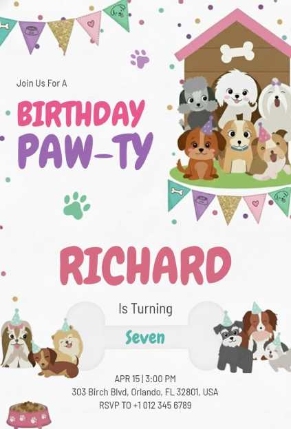 Cartoon puppies surrounded by confetti for a fun dog birthday invitation template