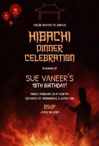 Dramatic Fire Hibachi Dinner invitation template with flames and diners