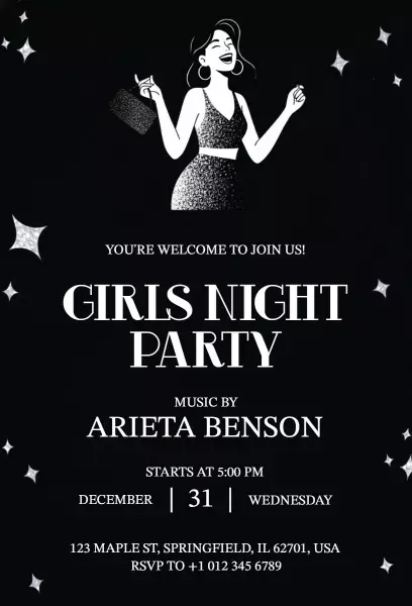 glamorous woman illustration with sparkling stars girls night invitation template