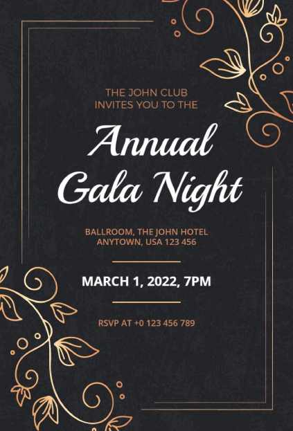 Elegant floral annual gala invitation template with golden linework