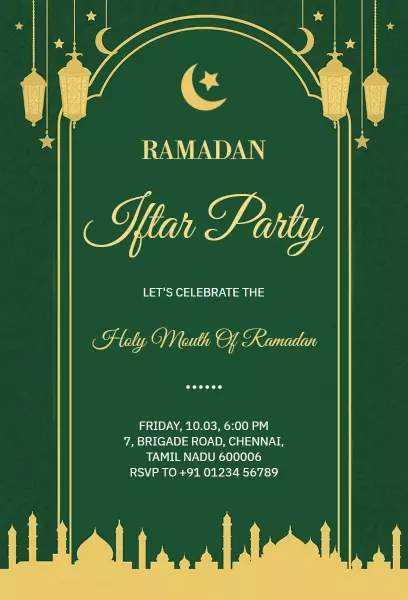 Elegant green Iftar invitation template with golden arches and mosque silhouette