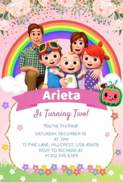 Family celebration under a rainbow arch Cocomelon birthday invitation template