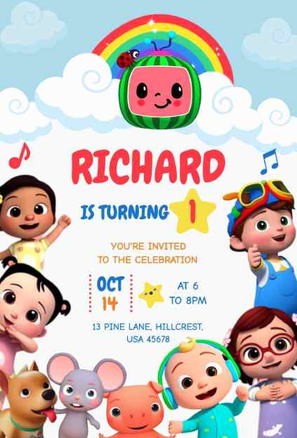 Watermelon character with rainbow accents Cocomelon birthday invitation template