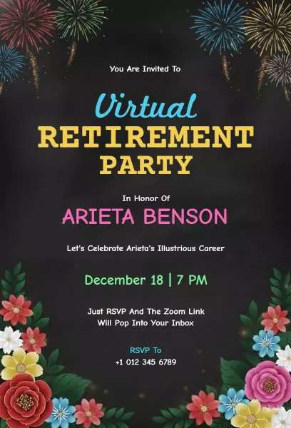 floral fireworks virtual party invitation template for retirement parties