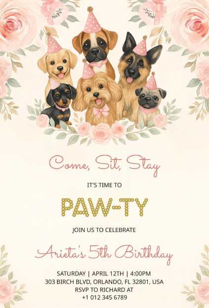 Watercolor puppies with a floral wreath for an elegant dog birthday invitation template