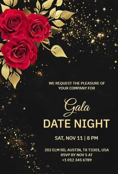 gala rose date night invitation template featuring bold roses and sparkling glamorous details