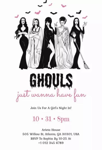 black-and-white halloween friends with pink bats girls night invitation template