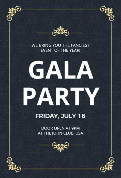 Grand gala party invitation template with gold flourishes on navy
