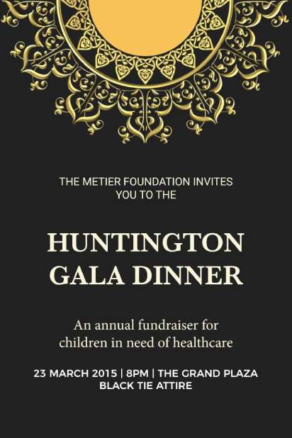 Elegant black-and-gold gala dinner invitation template with ornate details