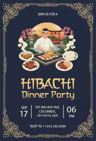 Luxurious Hibachi Dinner invitation template with chef and gold accents