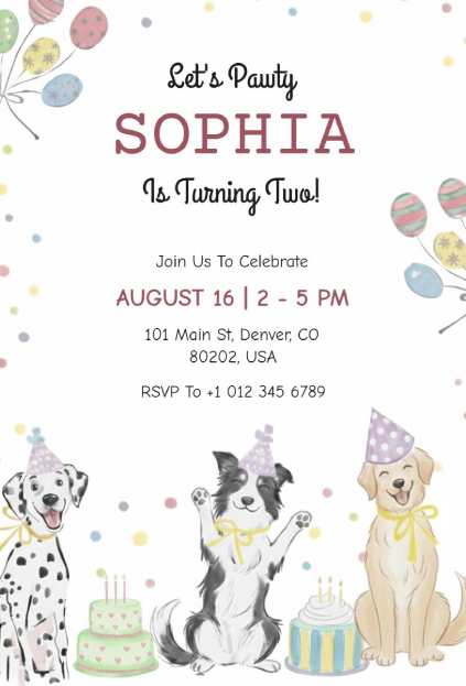 Playful puppies with pastel balloons, perfect for a toddler dog birthday invitation template