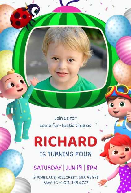 Personalized photo frame with balloons Cocomelon birthday invitation template