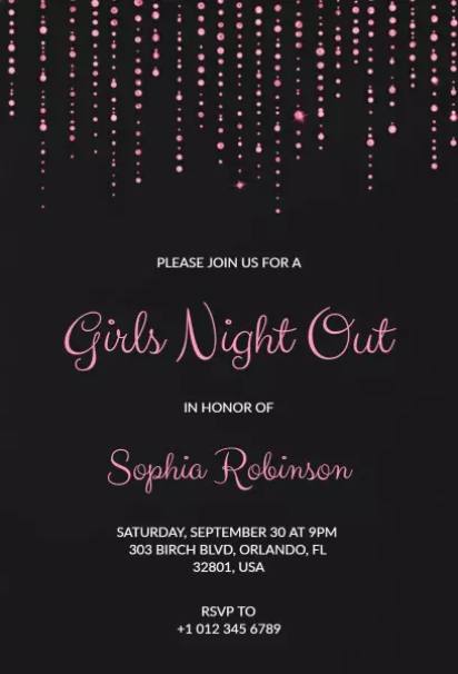 black background with cascading pink beads girls night invitation template