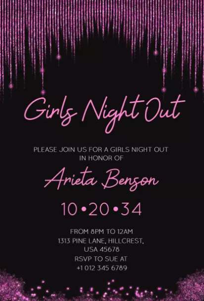 black background with flowing pink glitter curtains girls night invitation template