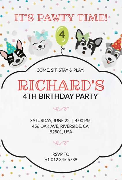 Playful dogs peeking through a cloud frame, ideal for an energetic dog birthday invitation template