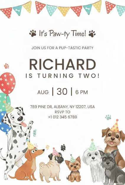 Watercolor puppies wearing party hats for a joyful dog birthday invitation template