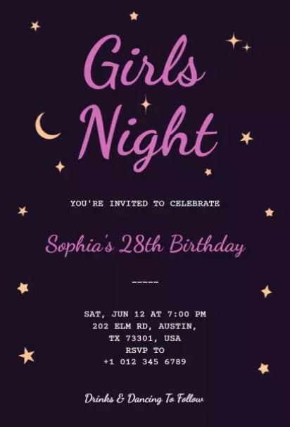 deep purple background with stars and moons girls night invitation template
