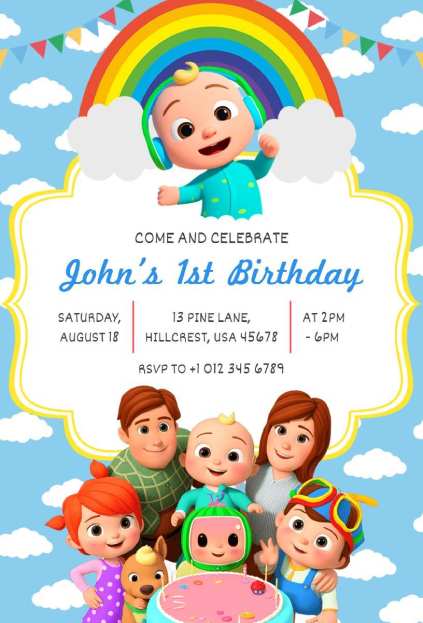 Cocomelon character with rainbow and festive bunting birthday invitation template