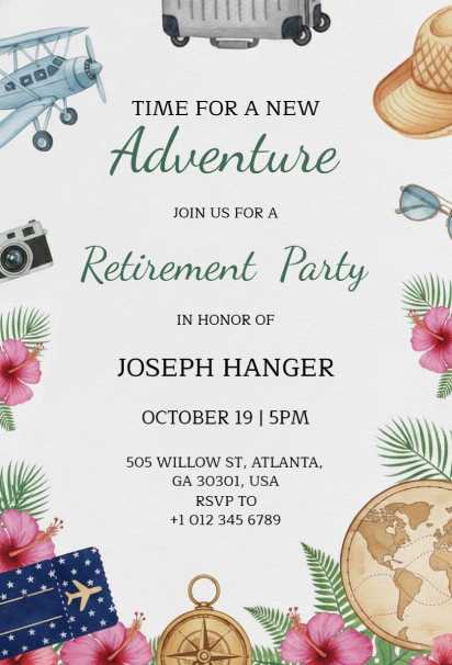 Retirement Adventure travel invitation template with tropical flowers and luggage