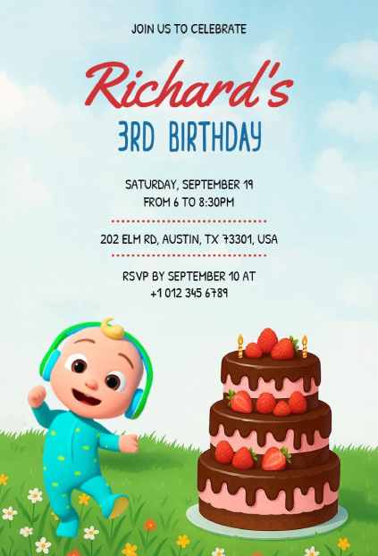 Dancing Cocomelon character with cake  birthday invitation template