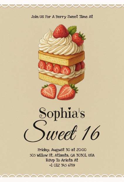 strawberry birthday invitation template with elegant dessert design for Sweet 16