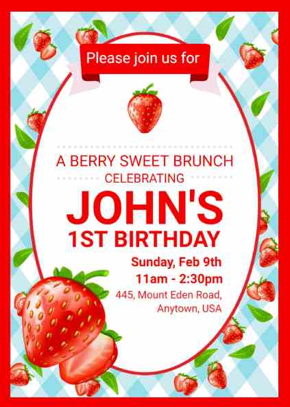 strawberry birthday invitation template with pastel strawberries for brunch parties