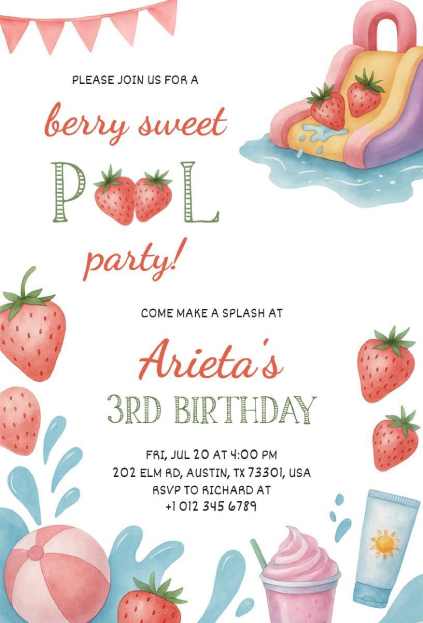 strawberry birthday invitation template with summer and pool party elements