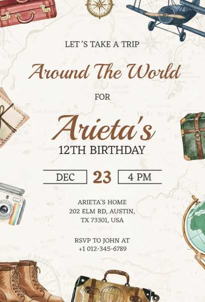 Travel Adventure Birthday travel invitation template with suitcases and world maps