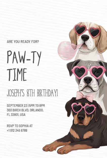 Trendy dogs with heart-shaped sunglasses for a cool dog birthday invitation template
