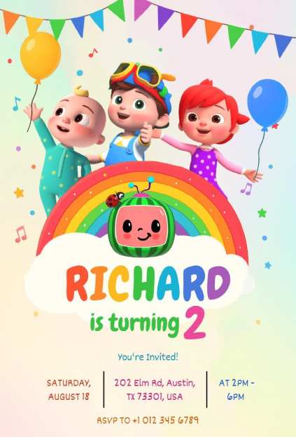 Animated Cocomelon characters with watermelon and rainbow  birthday invitation template