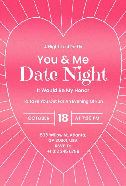 you and me heart date night party invitation template with cozy heart-focused romantic 