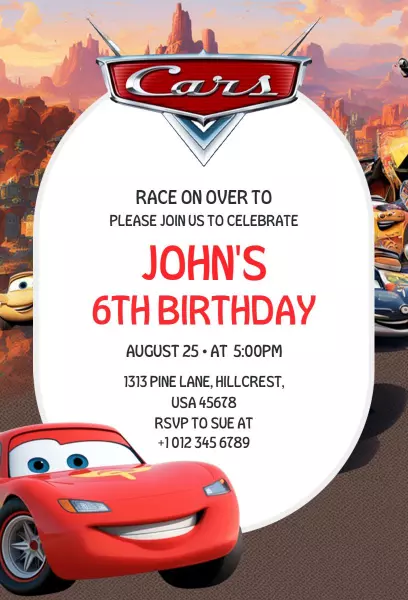 Animated Movie Cars Birthday Invitation