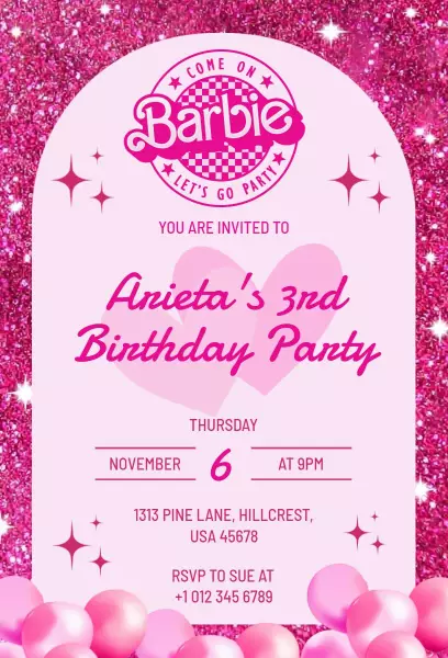 Barbie Theme 3rd Birthday Party Invitation