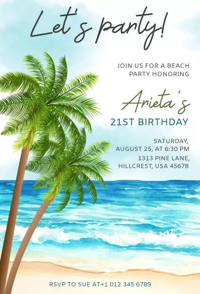 Beach Theme 21st Birthday Invitation