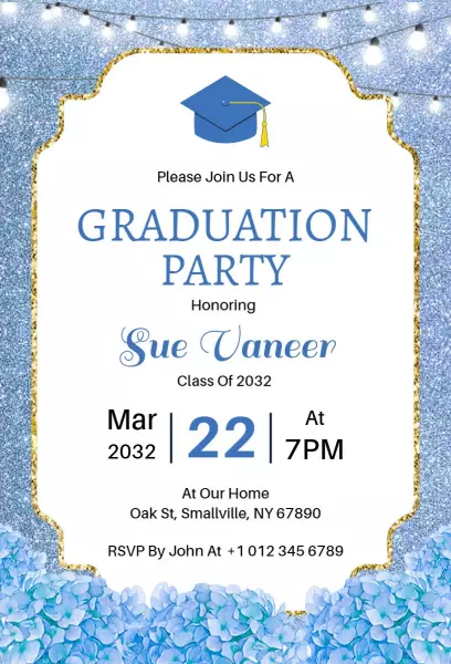 Blue Glitter Graduation Party Invitation
