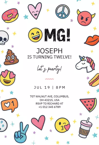 Emoji Themed Twelfth Birthday Invitation