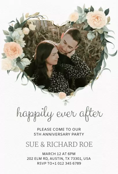 Floral Heart 5th Anniversary Party Invitation