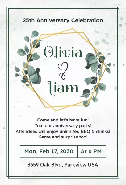 Green Floral Watercolor Anniversary Invitation