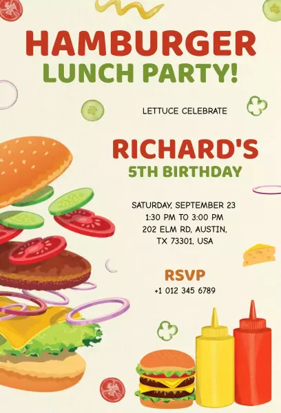 Kids Hamburger Lunch Party Birthday Invitation