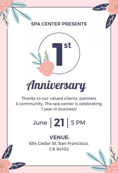 Pink Floral 1st Anniversary Invitation