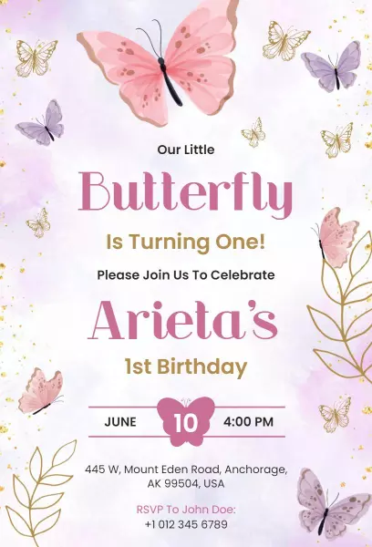Watercolor Butterfly Birthday Invitation