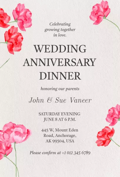 Wedding Anniversary Dinner Invitation